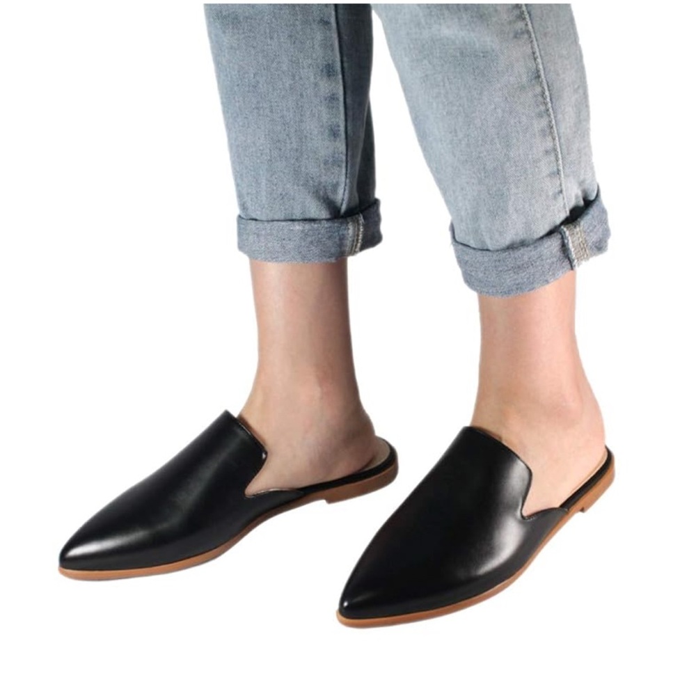 Madewell Black Pointed Leather Mule Slides with Tan Sole